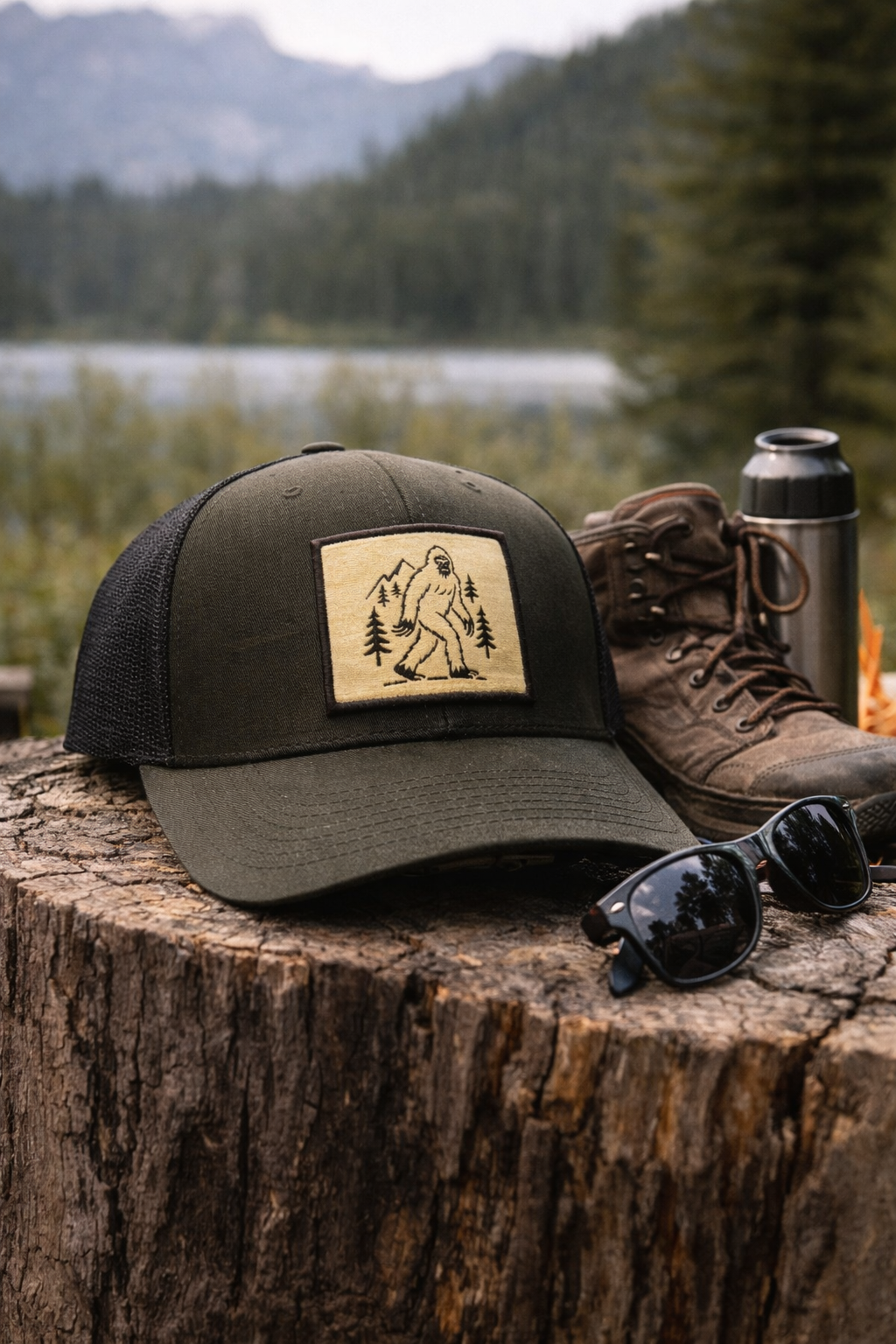 Outdoor mesh trucker hat with Sasquatch patch, hiking boots, sunglasses, and thermos on tree stump beside forest lake.