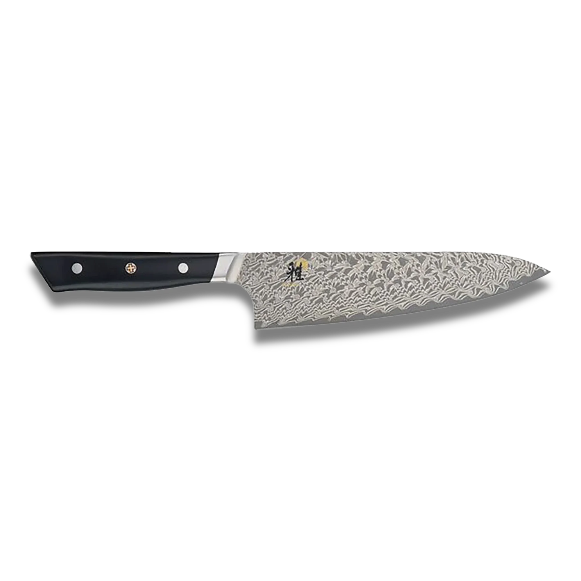 Damascus steel chef knife with patterned blade and black handle on black background