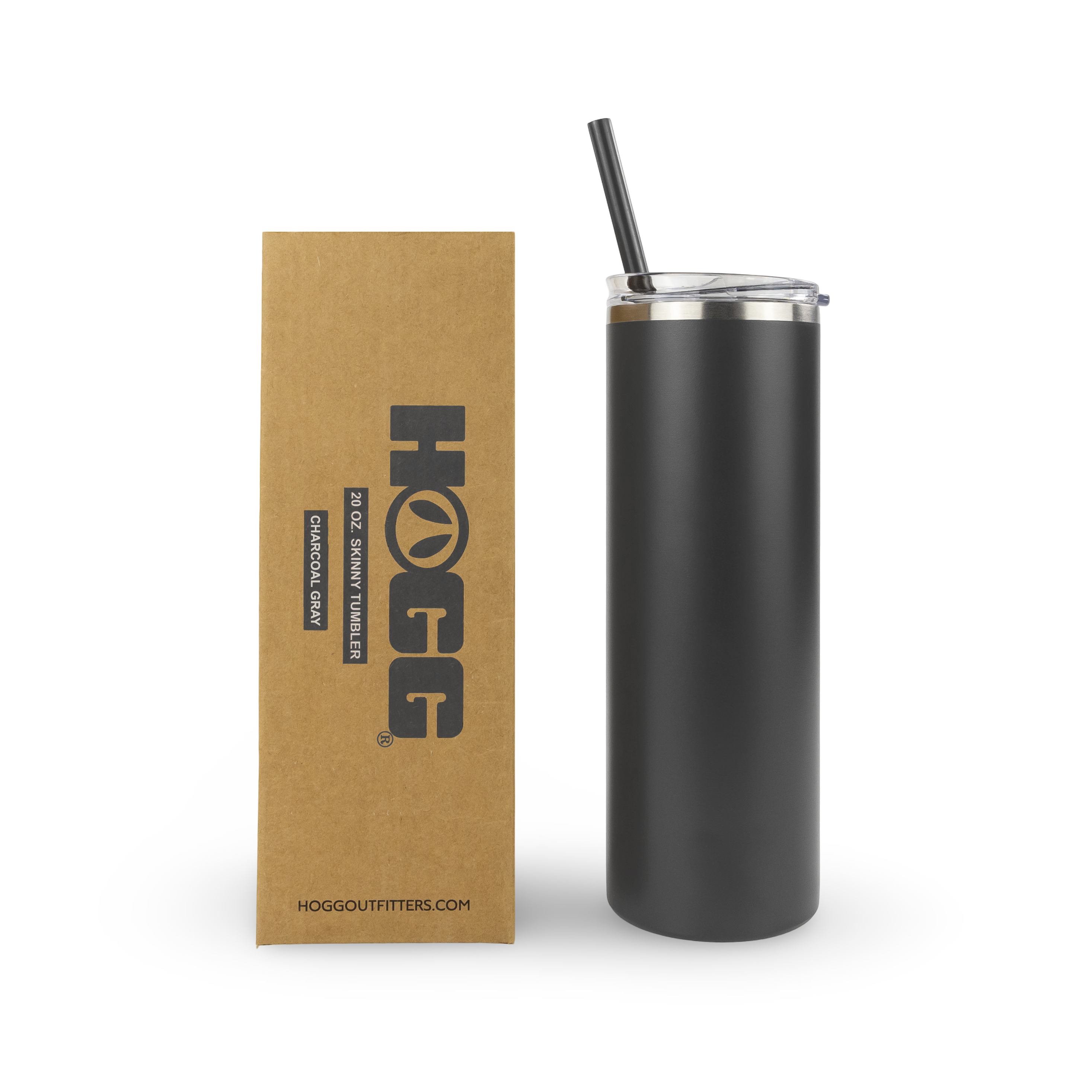 Charcoal grey 20 oz skinny tumbler with straw and box, outdoor drinkware