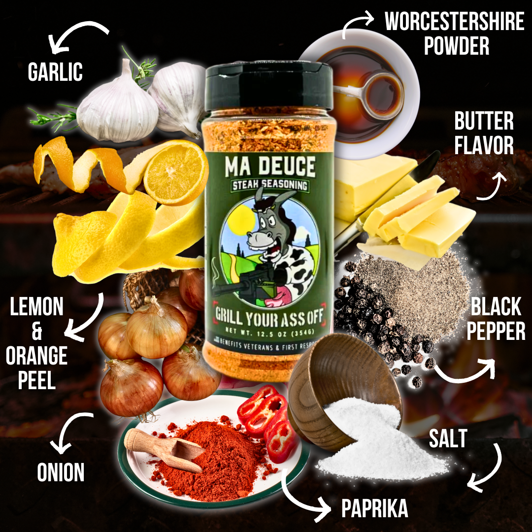 Ma Deuce steak seasoning bottle with garlic, onion, citrus peel, paprika, and black pepper