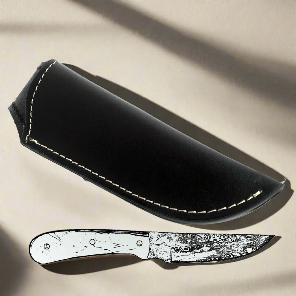 Damascus steel outdoor knife with white handle, shown beside a black leather sheath on beige background