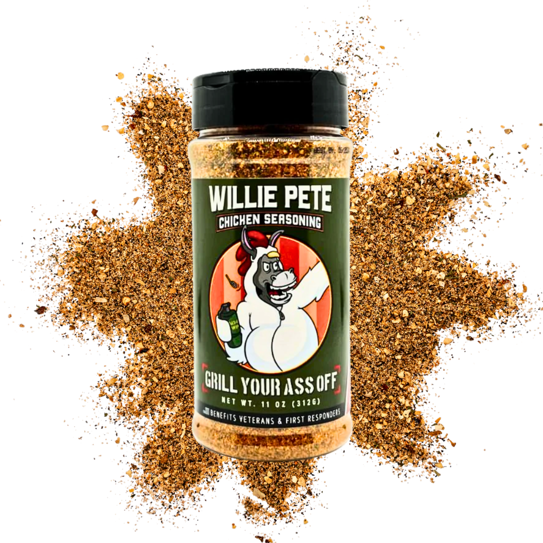 Willie Pete chicken seasoning bottle with cartoon logo, surrounded by scattered spices