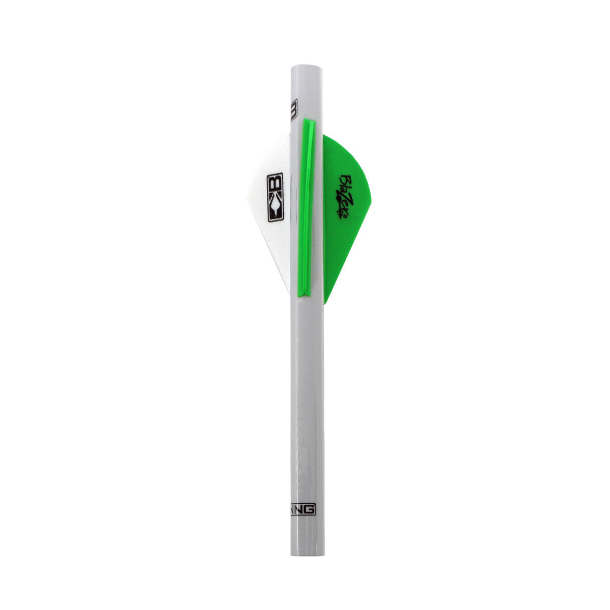 White arrow shaft with green and white Blazer vanes, archery hunting accessory