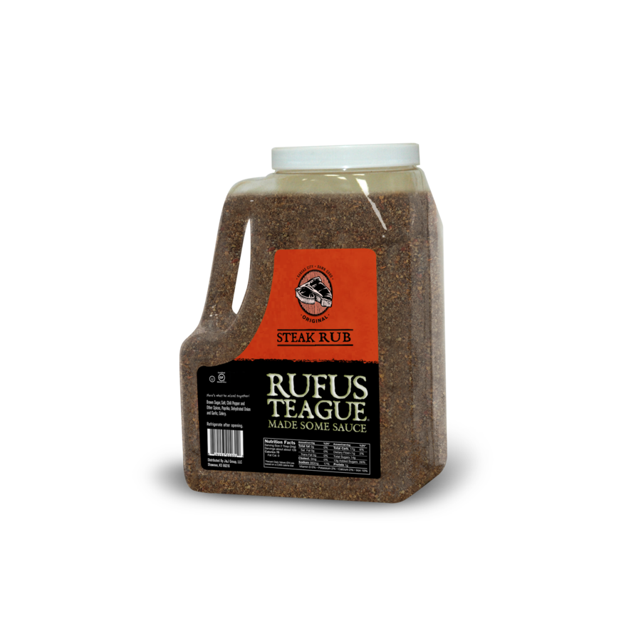 Large container of Rufus Teague steak rub seasoning for grilling and barbecue.
