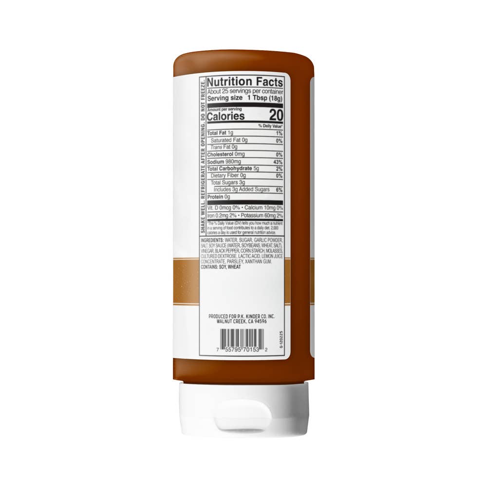 Back of brown condiment bottle with nutrition facts and ingredients label visible