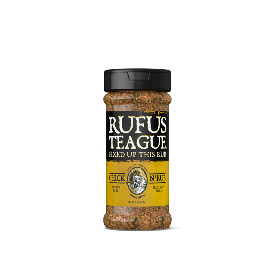 Rufus Teague Chick N'Rub seasoning spice bottle for poultry, black label, isolated on dark frame