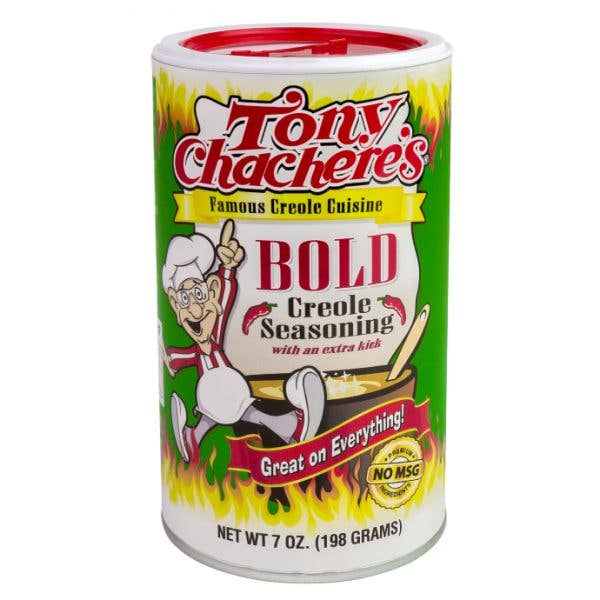 Tony Chachere's Bold Creole Seasoning 7oz can with chef cartoon and green fiery label