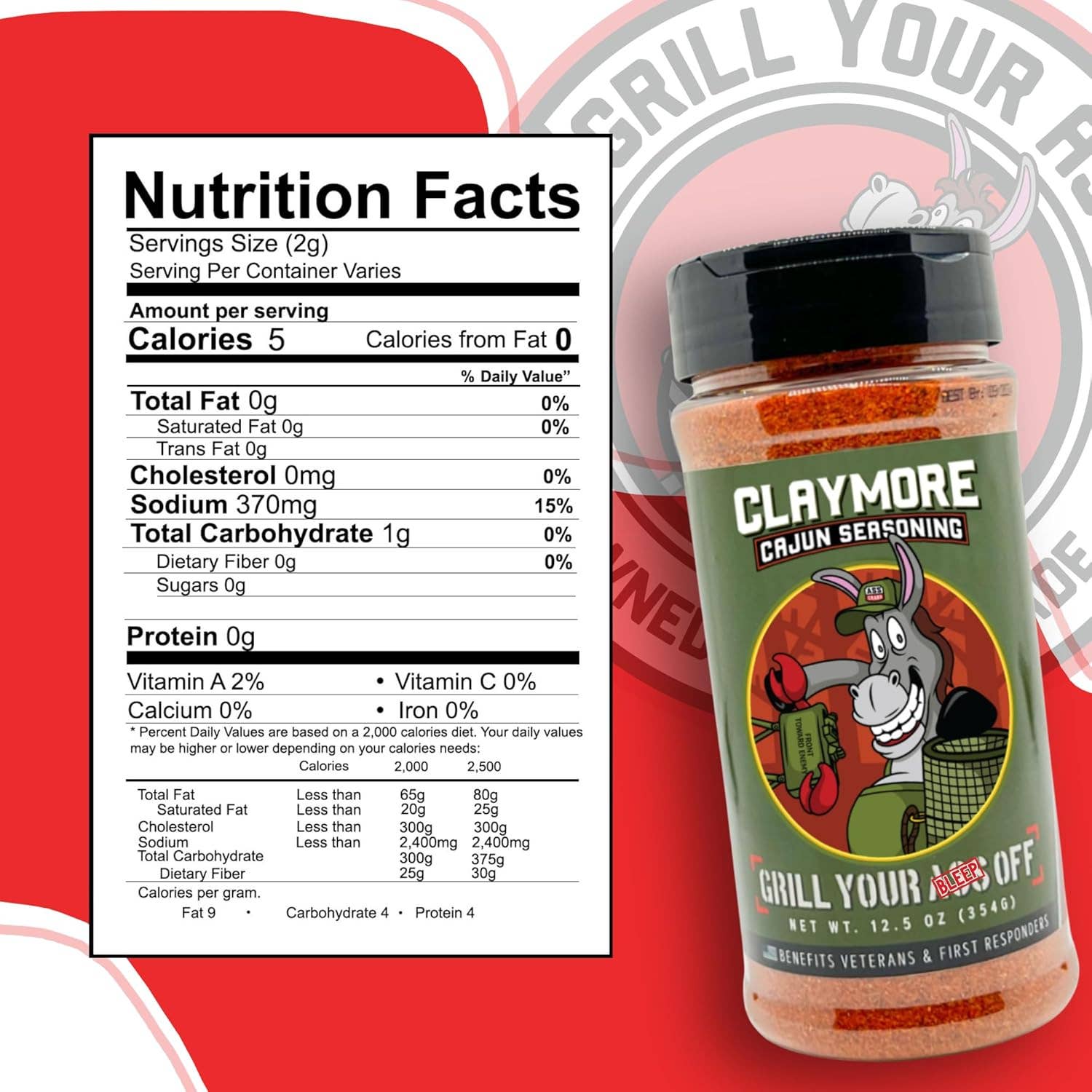 Claymore Cajun seasoning bottle with nutritional facts label, spicy grilling spice blend.