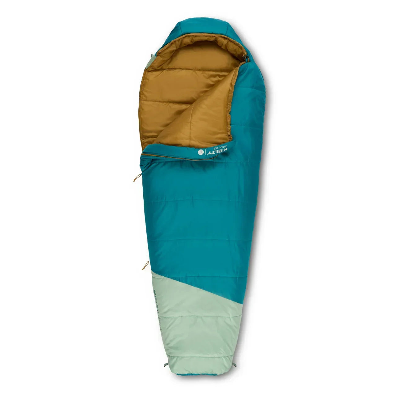 Teal and tan mummy sleeping bag with hood for camping and outdoor gear.