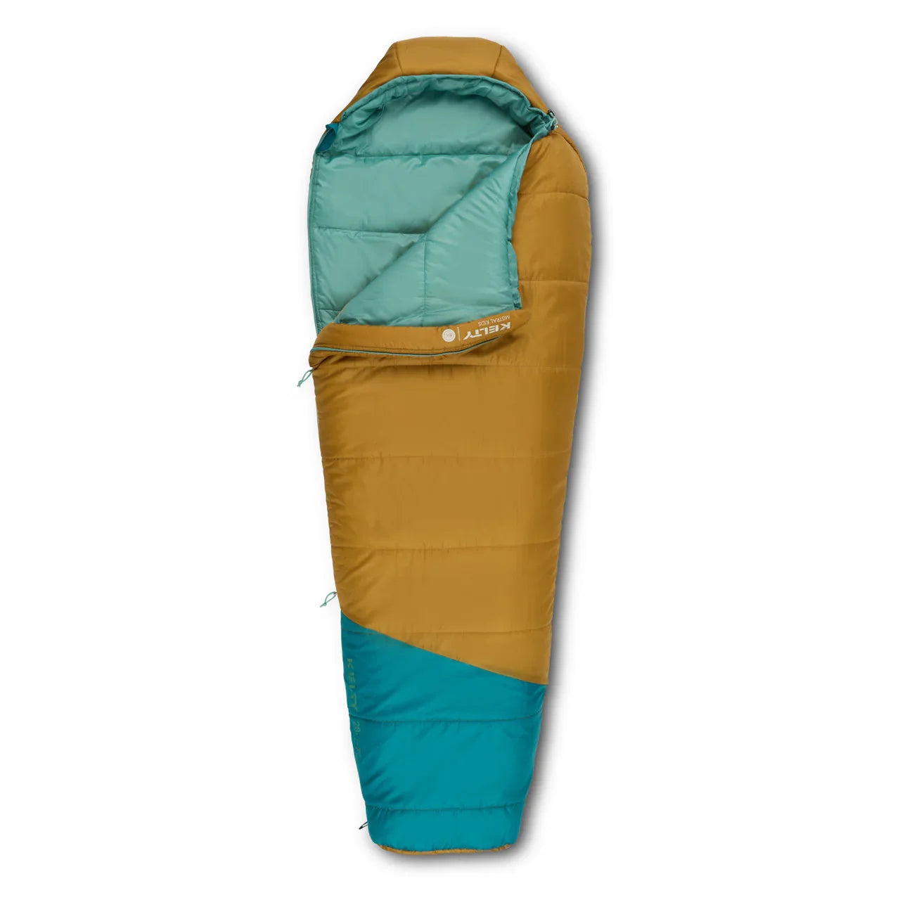Mummy-shaped sleeping bag in brown and teal with light blue interior on white background
