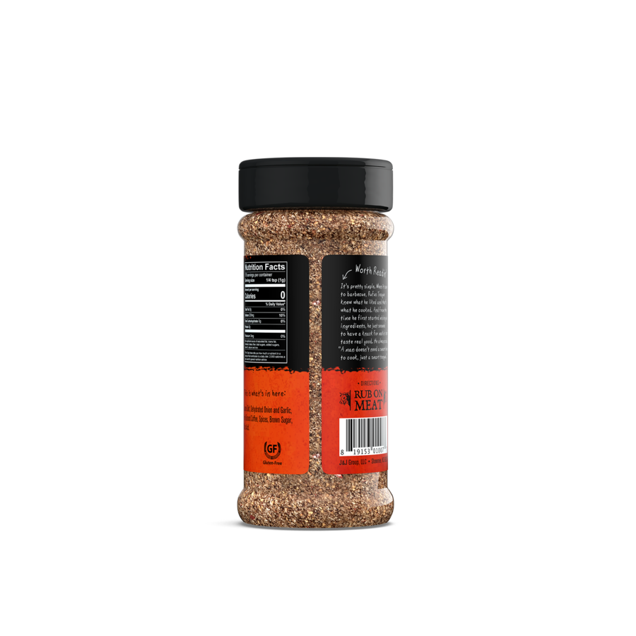 Bottle of seasoning spice rub on black background with white animal skull graphic, outdoors theme