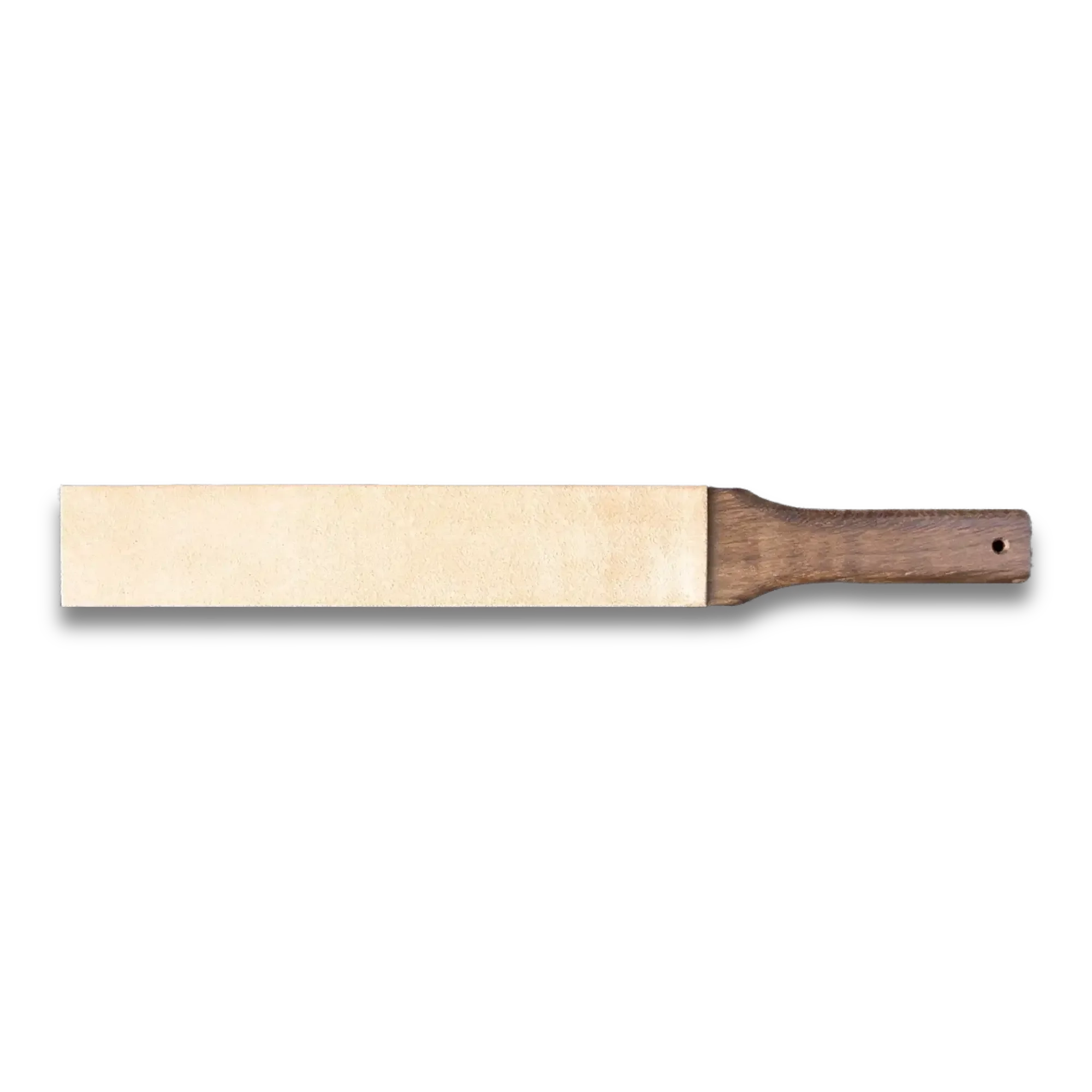 Leather strop with wooden handle for knife sharpening, displayed on black background