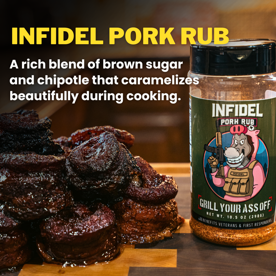 Infidel Pork Rub seasoning bottle next to glazed, caramelized pork medallions on a wooden board