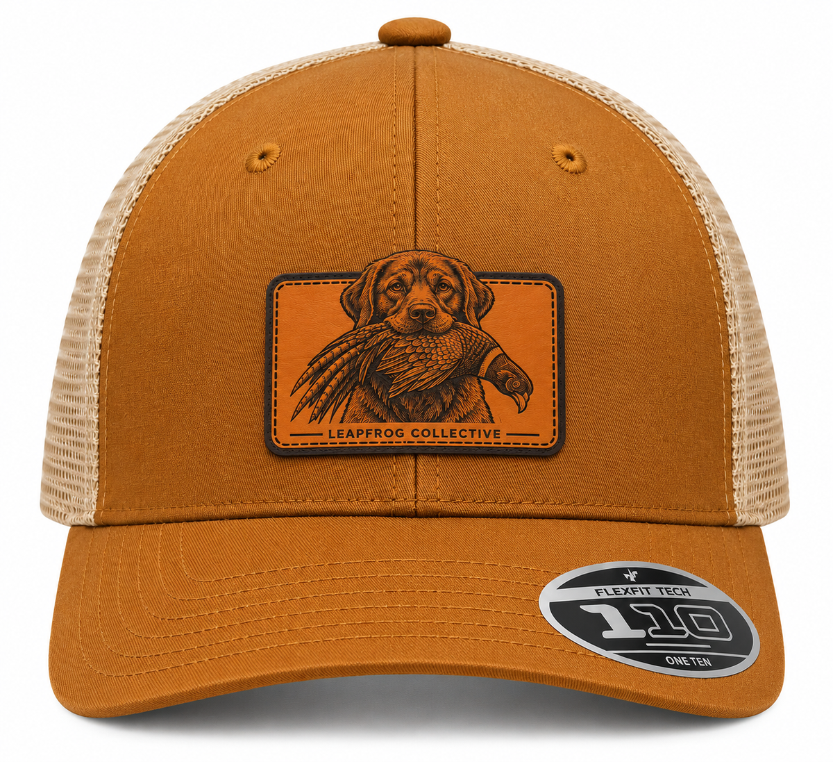 Leapfrog Collective Retriever and Pheasant leatherette patch trucker hat in Caramel Khaki with Flexfit 110 mesh back