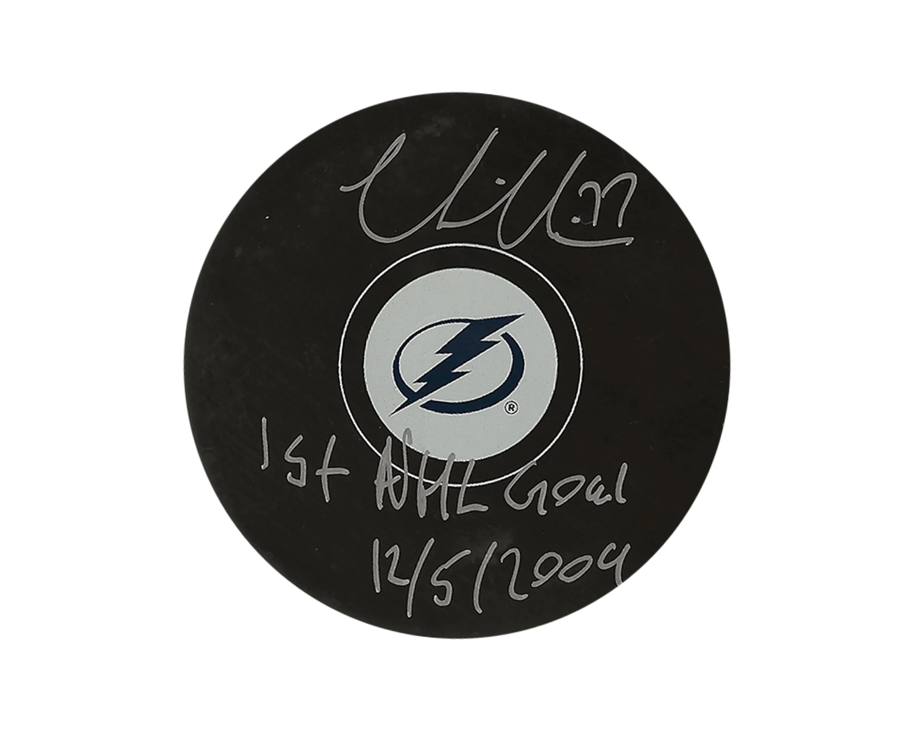 Tampa Bay Lightning hockey puck with silver autograph and handwritten 1st NHL goal date.