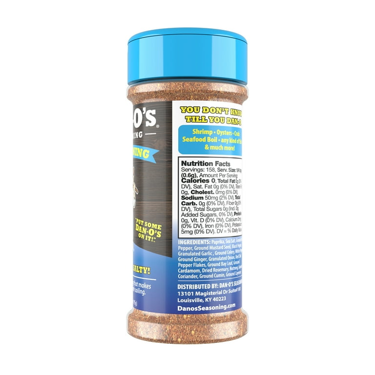 Seafood seasoning blend bottle with blue lid, nutrition facts, and ingredients label