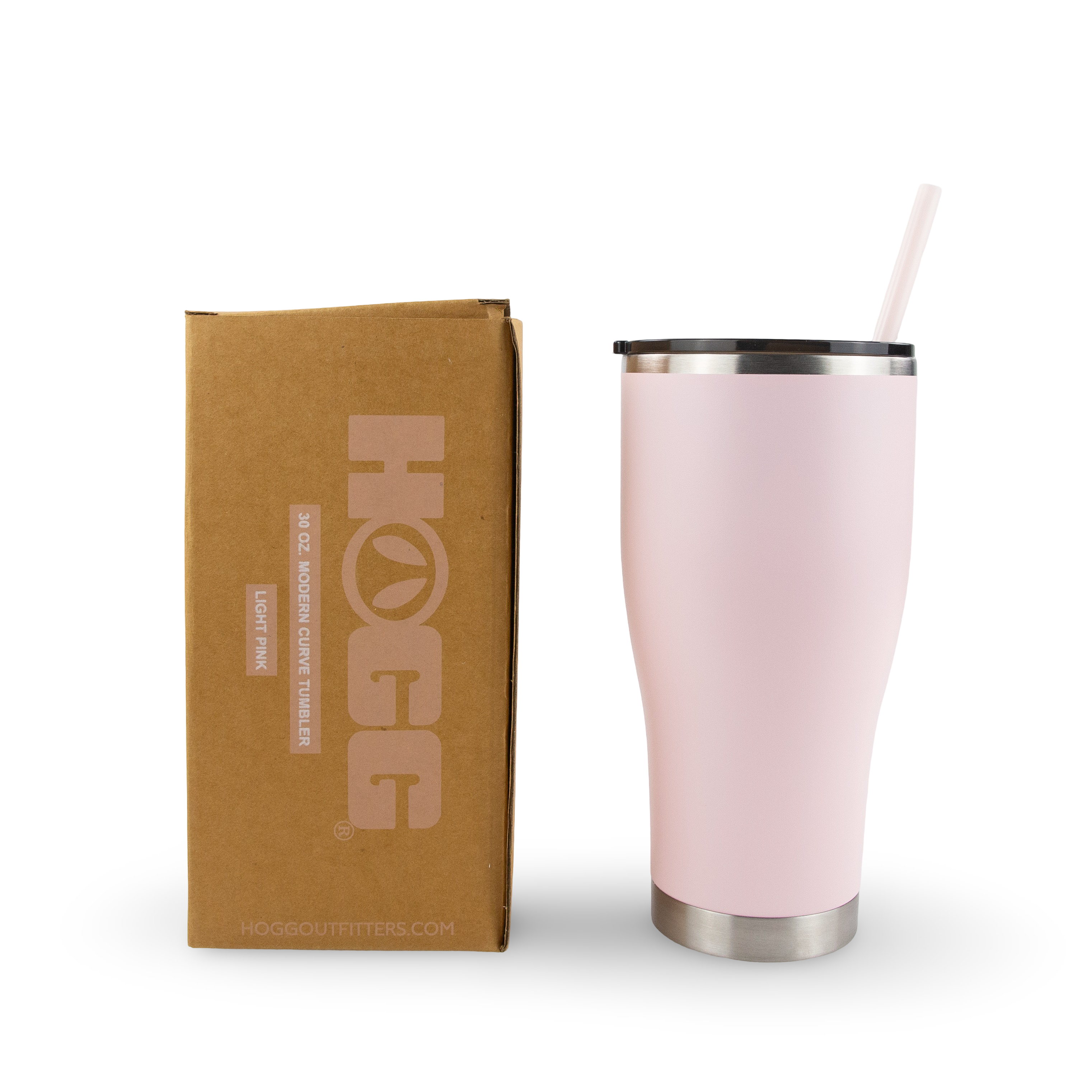 Light pink stainless steel tumbler with straw next to branded cardboard box