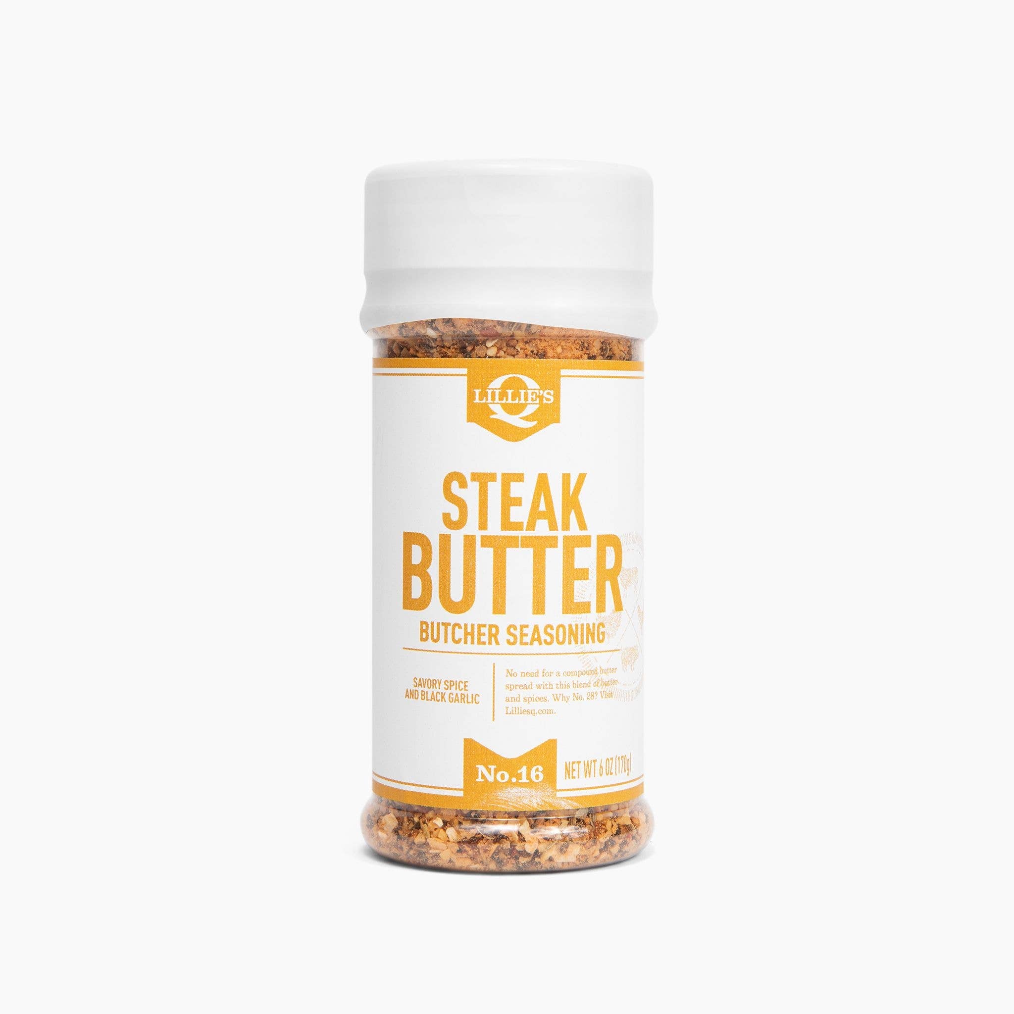 Lillie's Q steak butter butcher seasoning spice blend in clear plastic shaker bottle