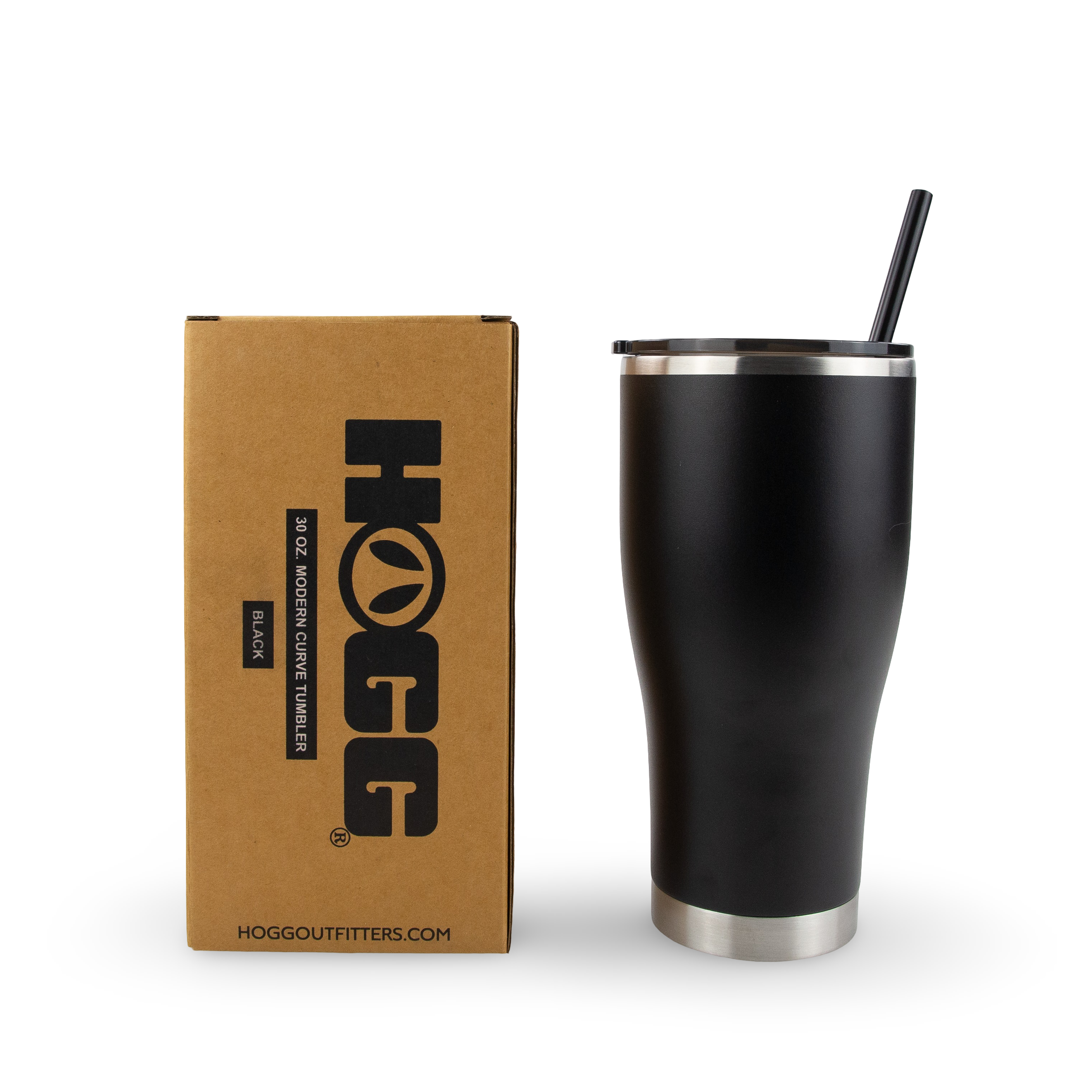 Black stainless steel tumbler with straw next to branded box for outdoor use