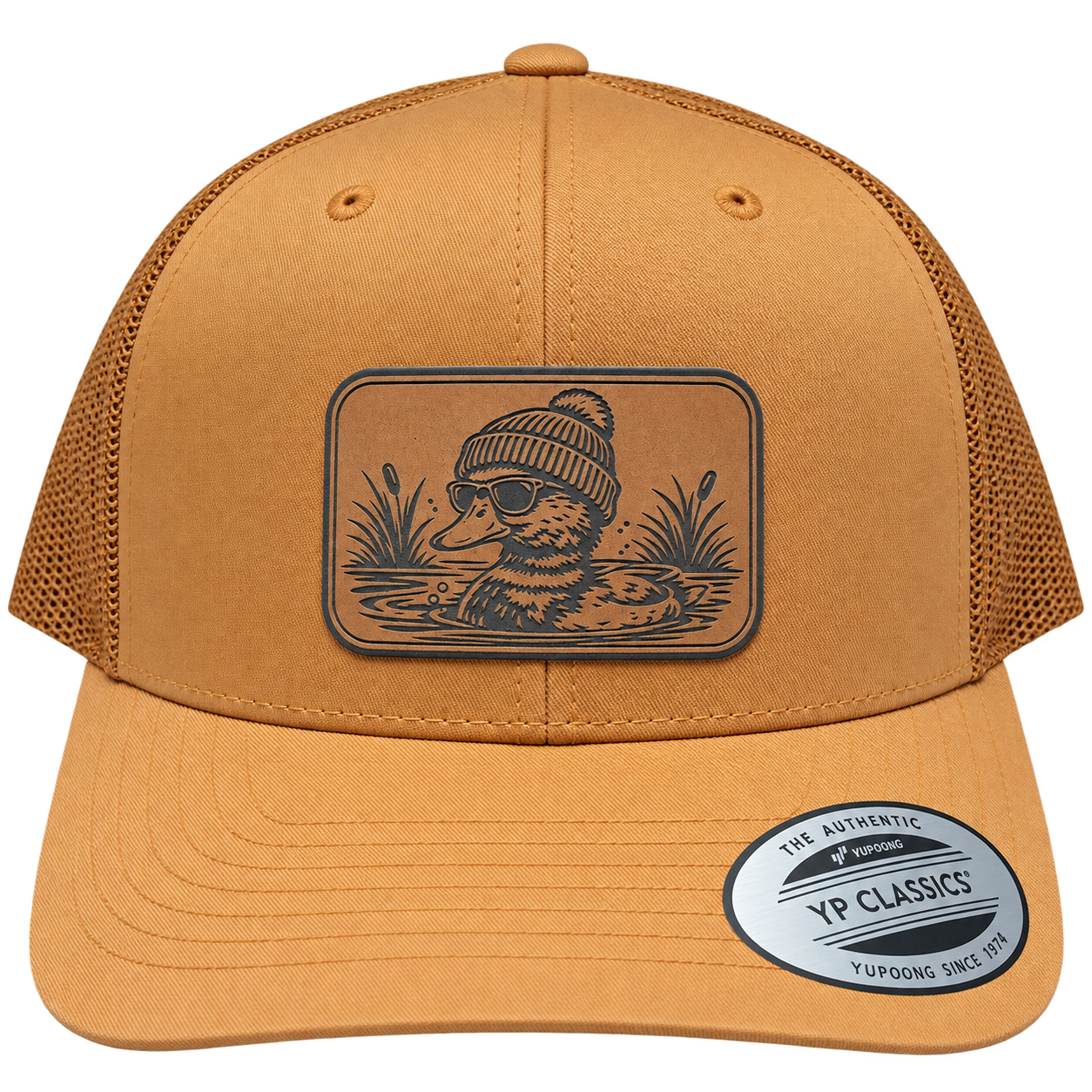 Leapfrog Cool Duck leather patch trucker hat with outdoor duck design