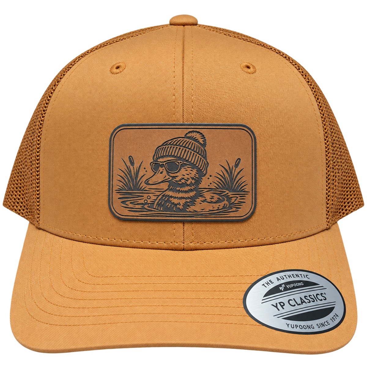 Leapfrog Cool Duck leather patch trucker hat with outdoor duck design