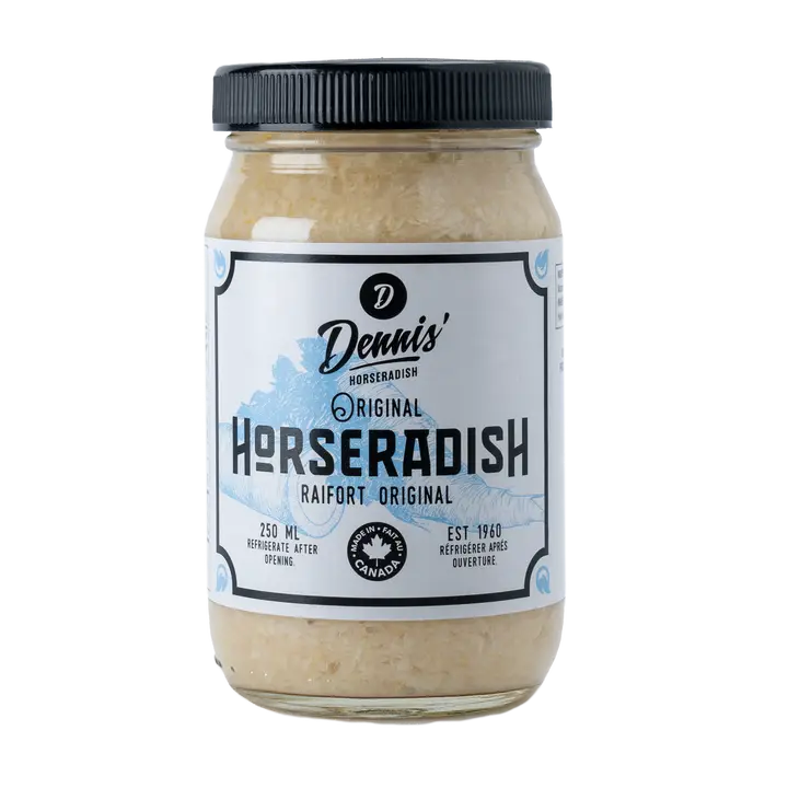 Dennis' Original Horseradish jar 250ml with black lid and white label