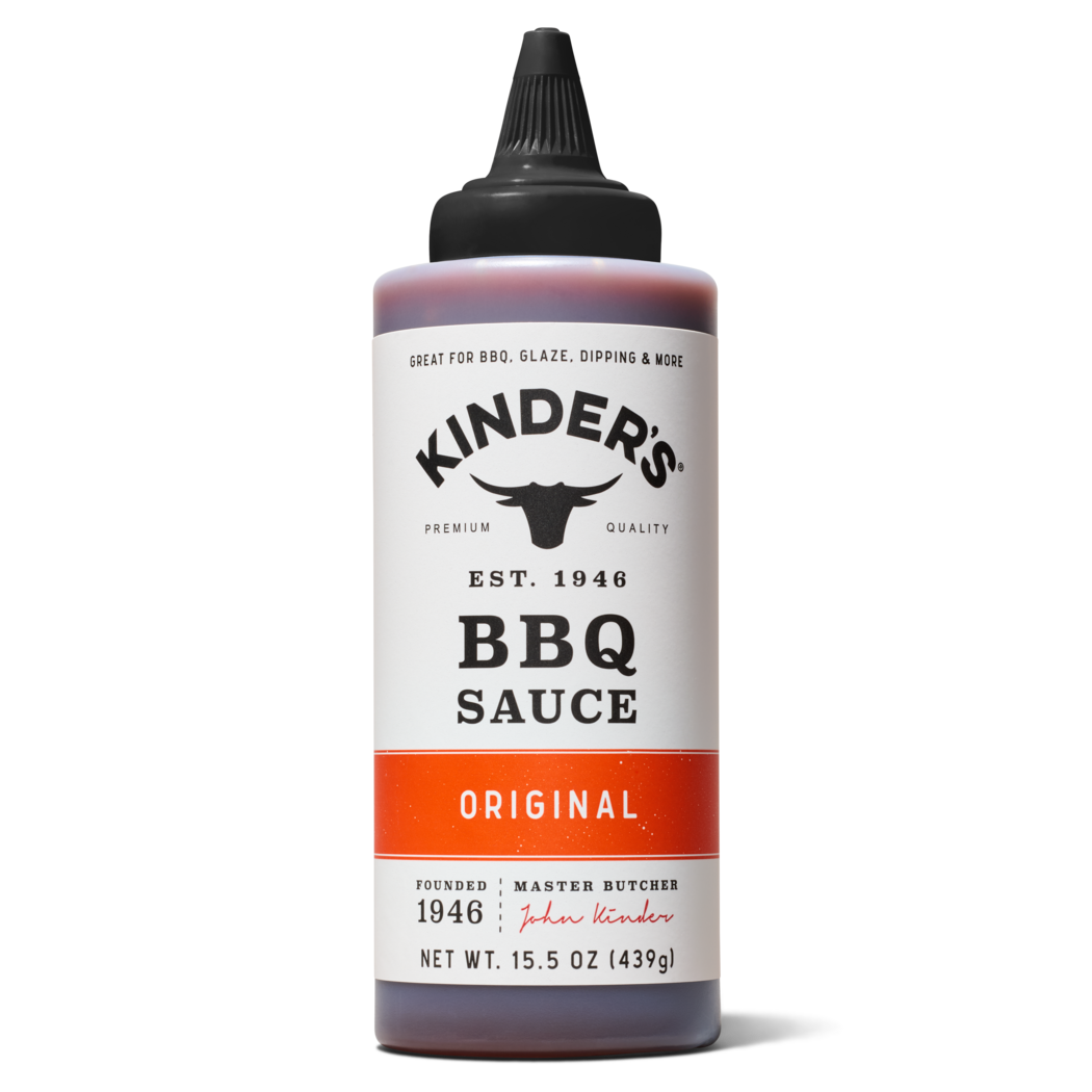 Kinder's Original BBQ sauce bottle with black cap, labeled for grilling and dipping
