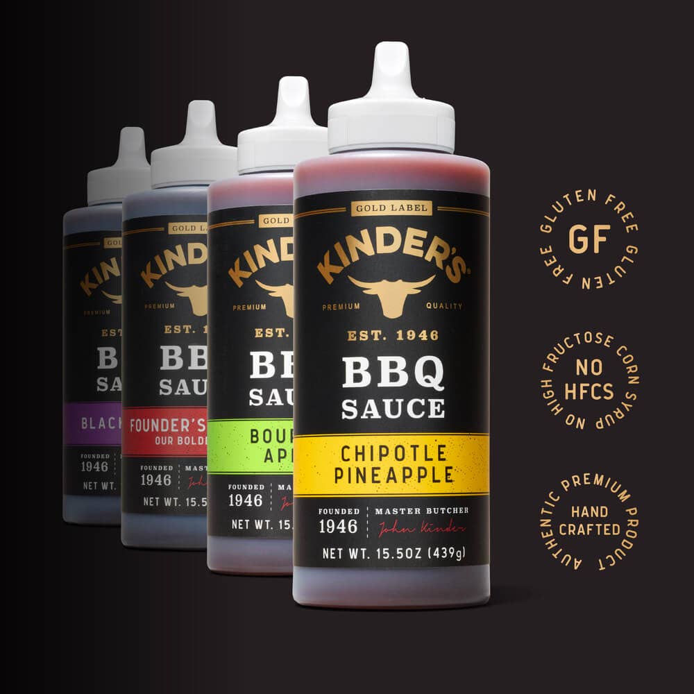 Assorted Kinder's BBQ sauce bottles including chipotle pineapple flavor, gluten free, no HFCS.
