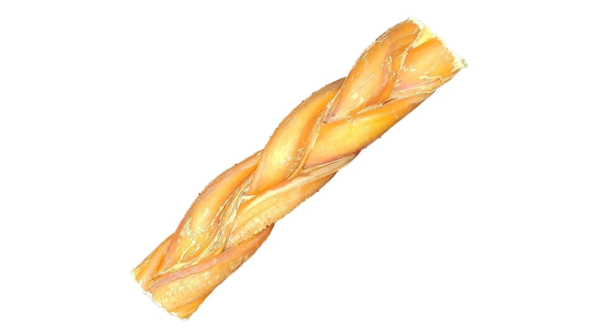 Braided bully stick dog chew on white background, natural pet treat