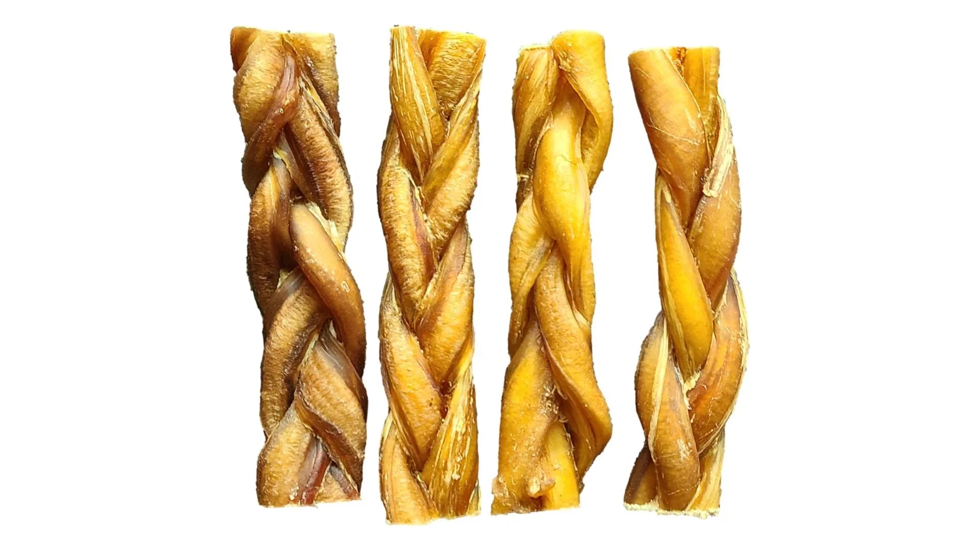 Four braided bully sticks dog chews on white background