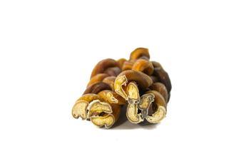 Jumbo braided bully sticks for dogs on white background, natural dog chew treats