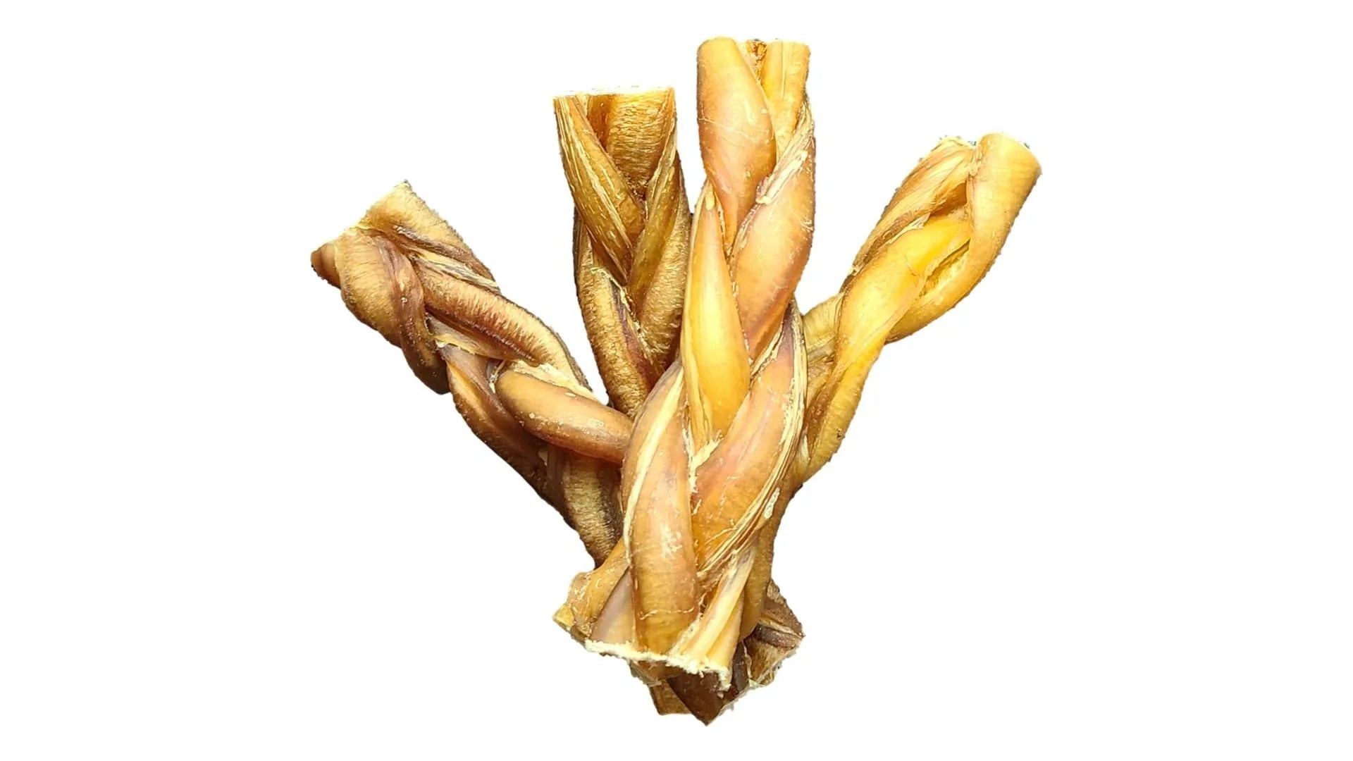Three braided bully sticks dog chews on white background