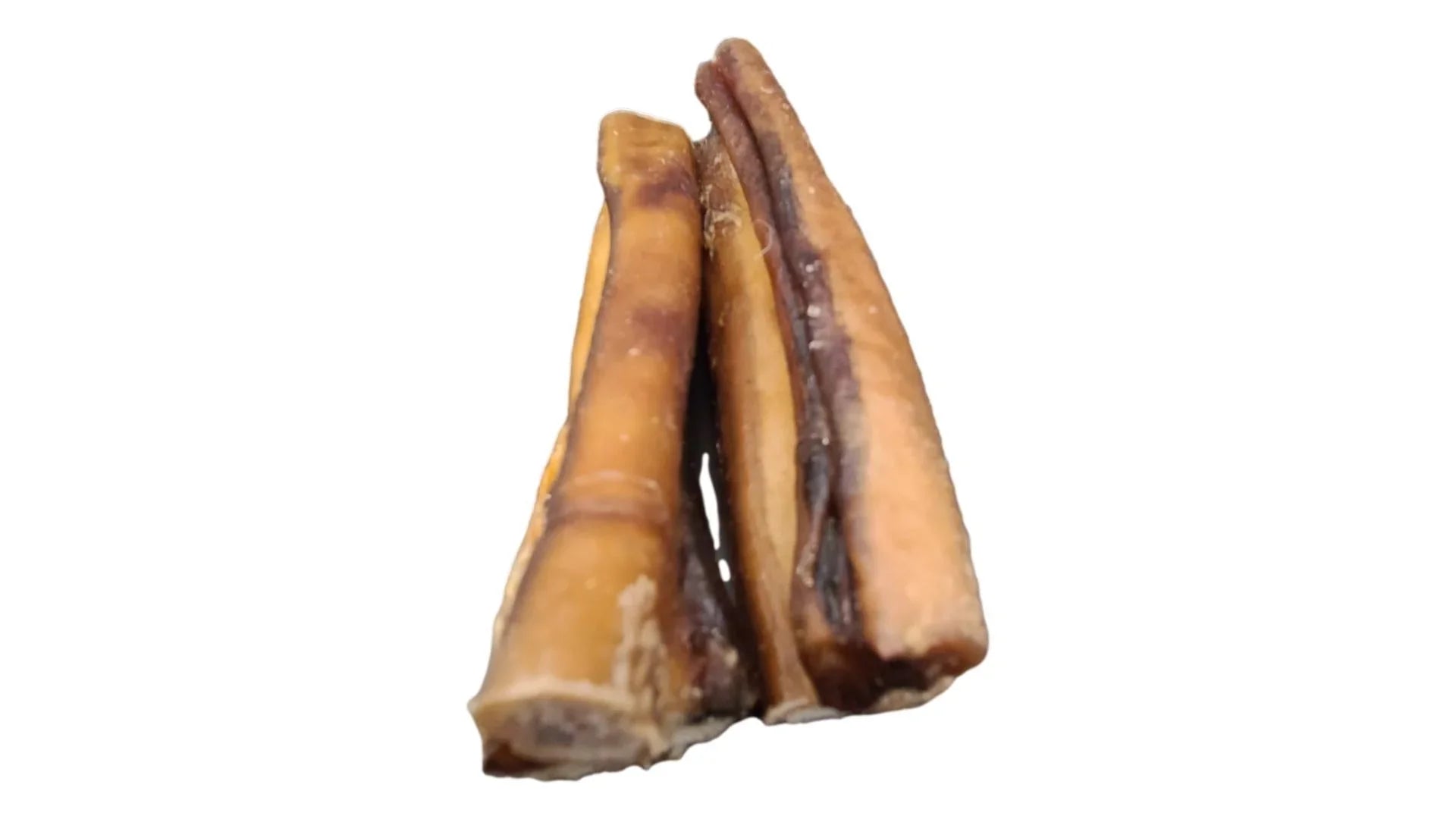 Three natural monster bully sticks dog chews on white background