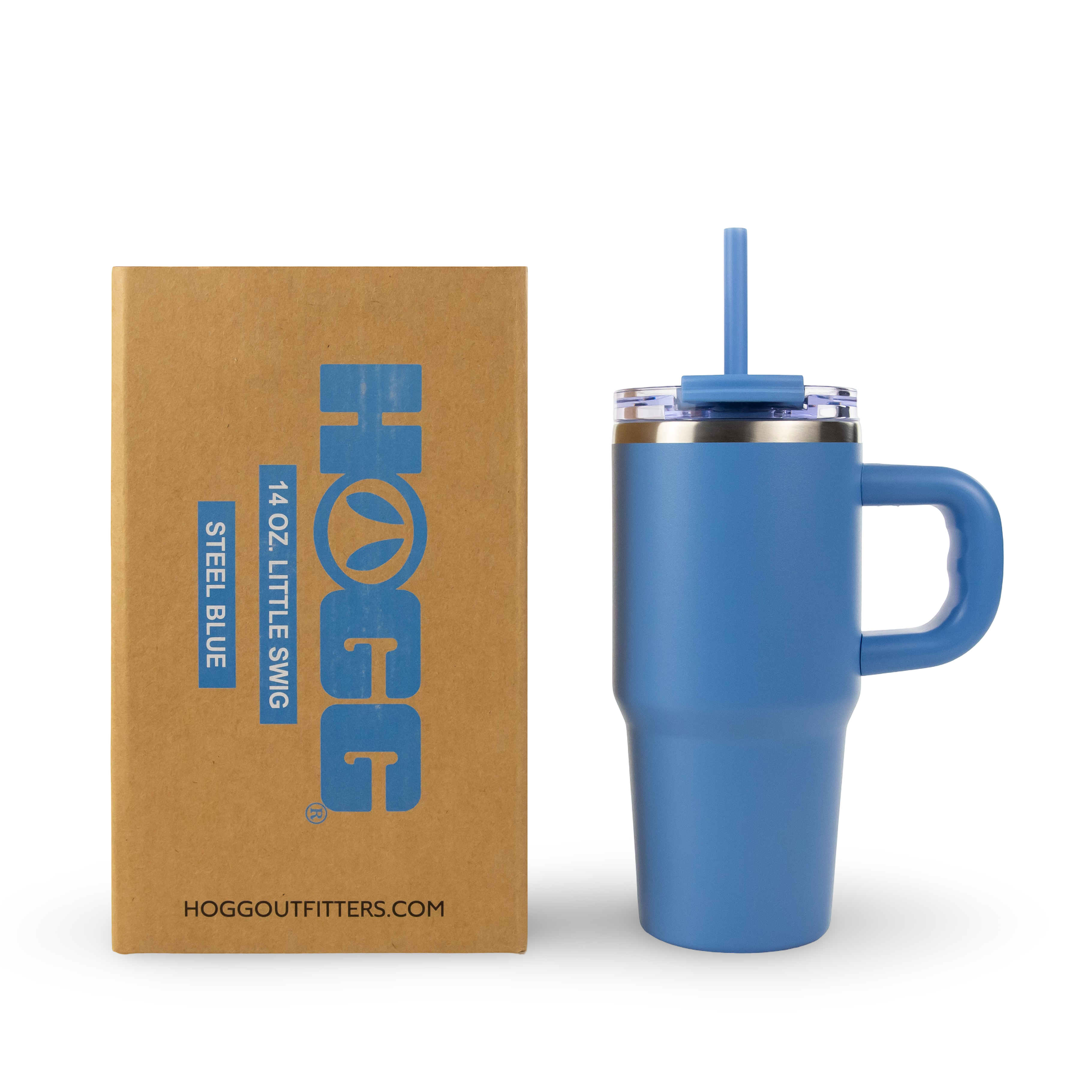 Steel blue 14oz insulated travel mug with handle, straw, and box for outdoor camping.