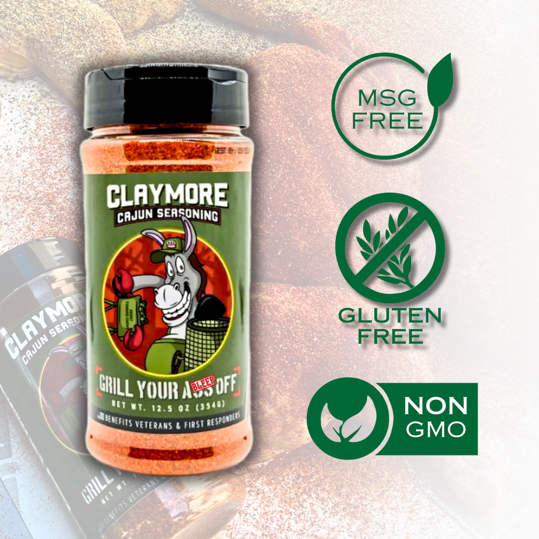 Claymore Cajun Seasoning bottle with MSG free, gluten free, and non-GMO labels