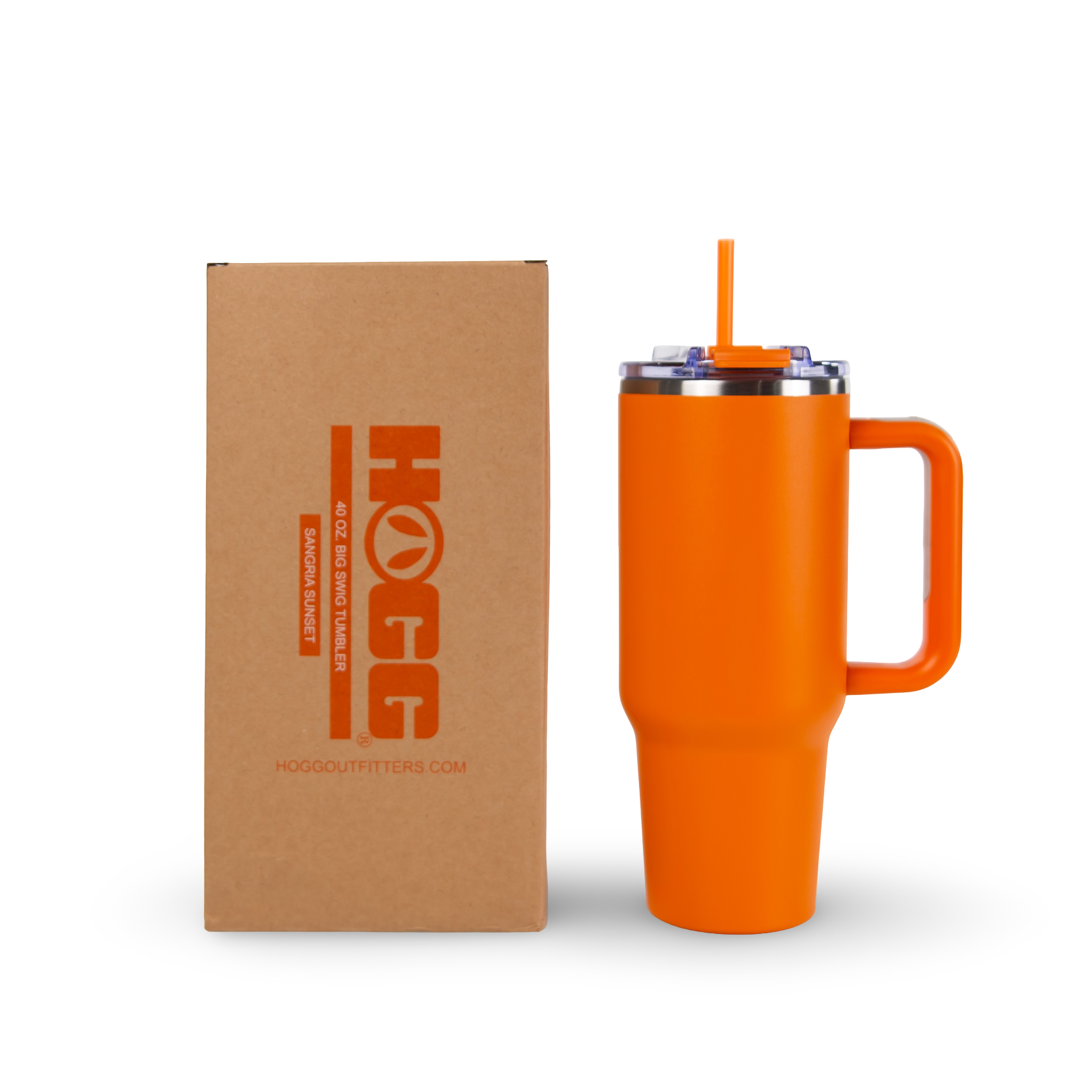 Orange insulated tumbler with handle, straw, and box for outdoor camping or hiking