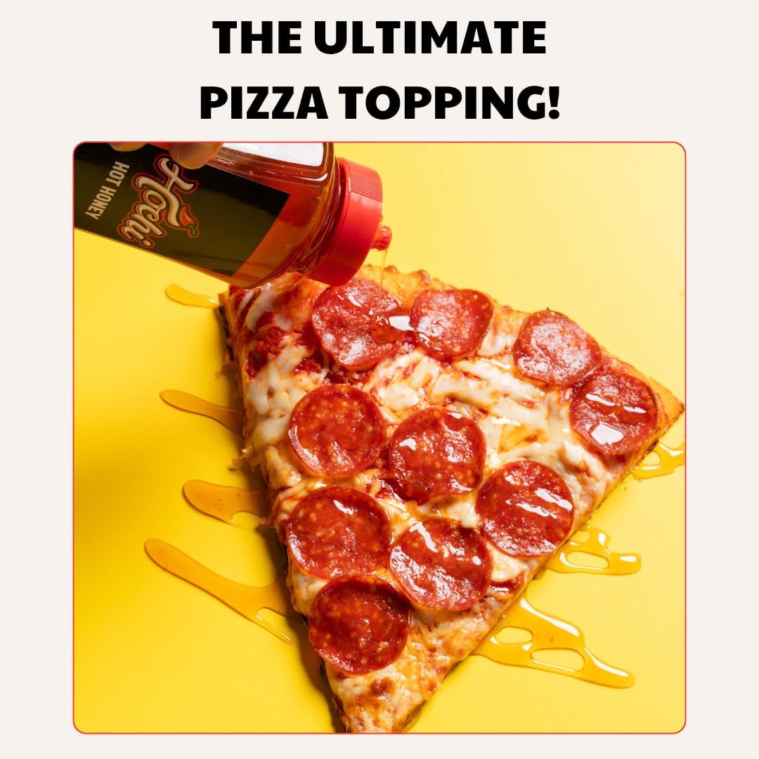 Pepperoni pizza slice with spicy hot honey being drizzled, yellow background.