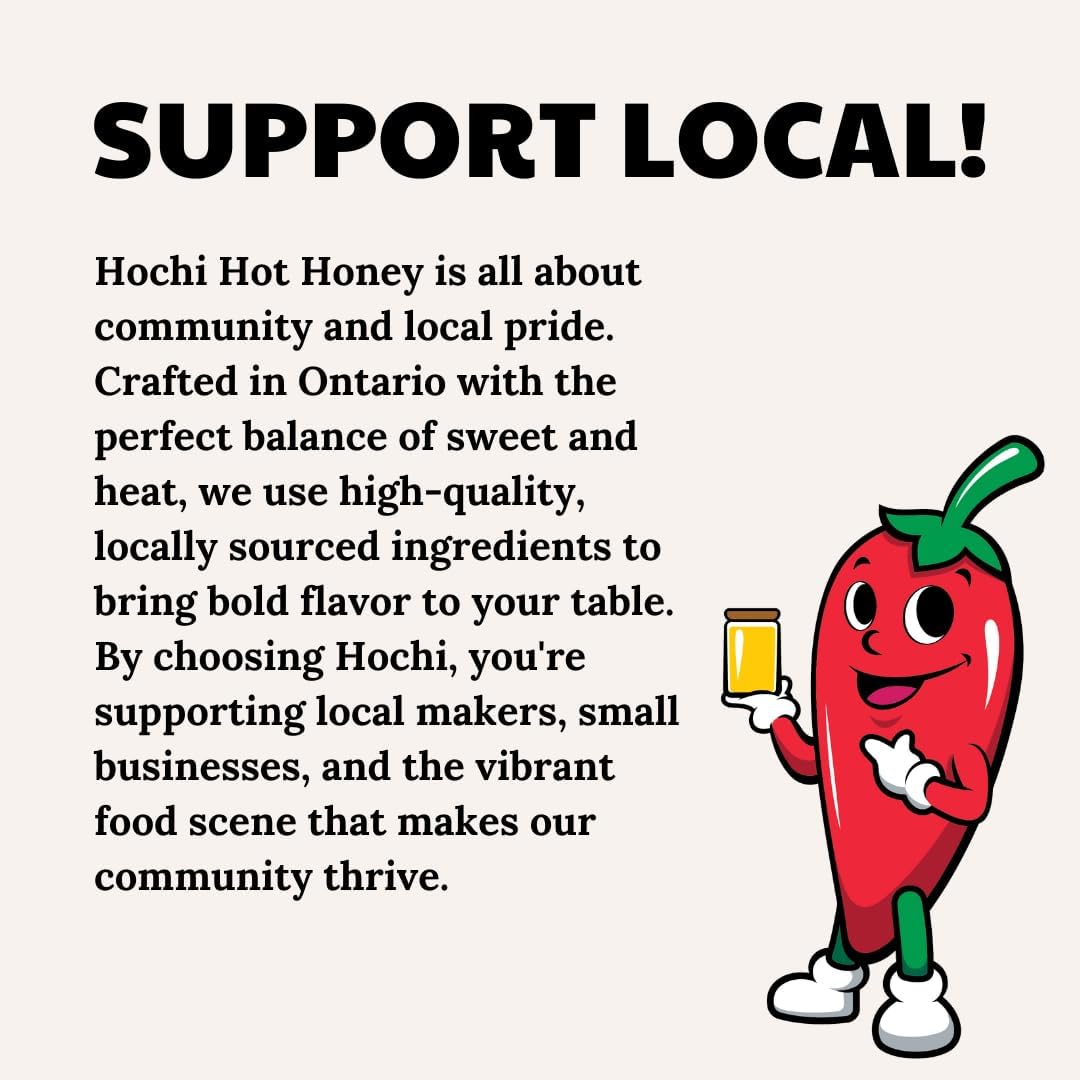 Cartoon chili pepper holding honey, next to text promoting local Ontario hot honey.