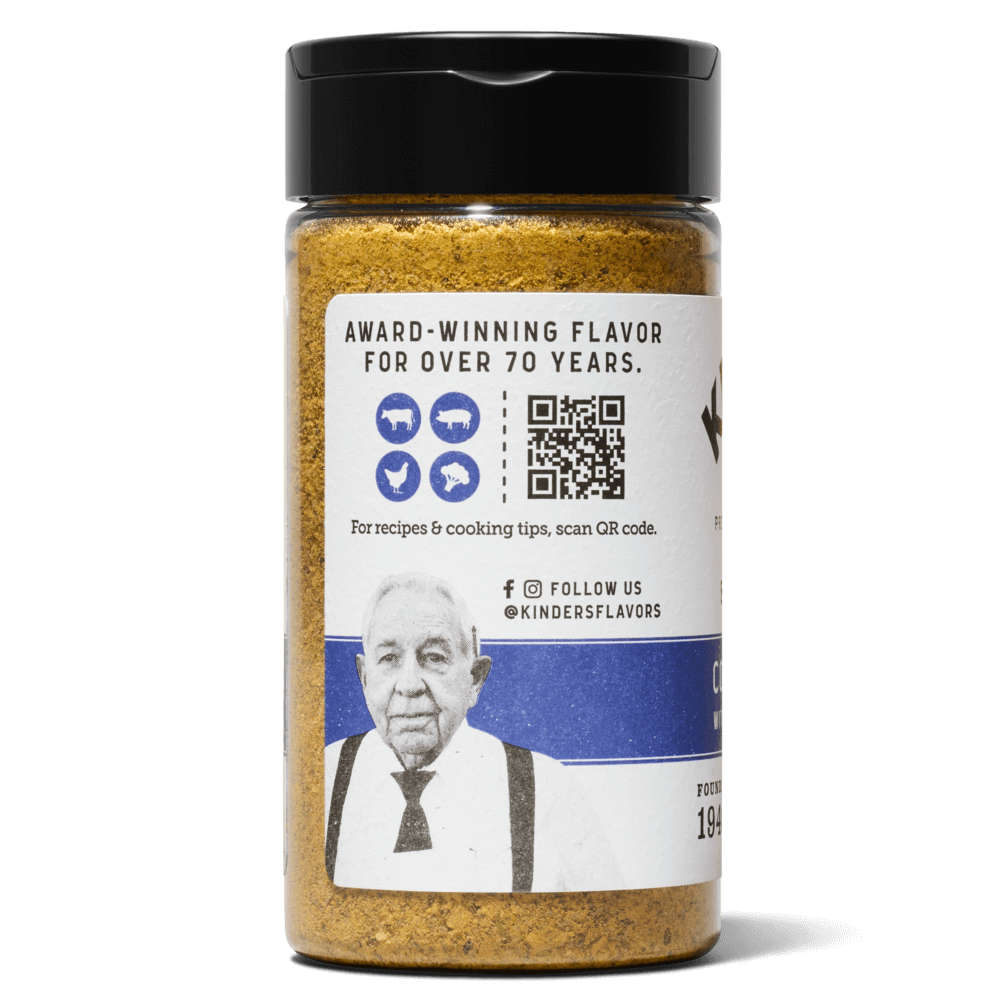 Spice seasoning bottle with QR code, cooking icons, and elderly man illustration on label