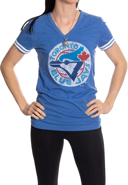 Woman wearing blue Toronto Blue Jays t-shirt with vintage logo and white striped sleeves