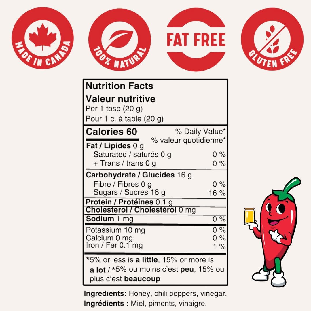 Nutrition facts and ingredient list for Canadian-made, fat free, gluten free, all natural chili pepper product.