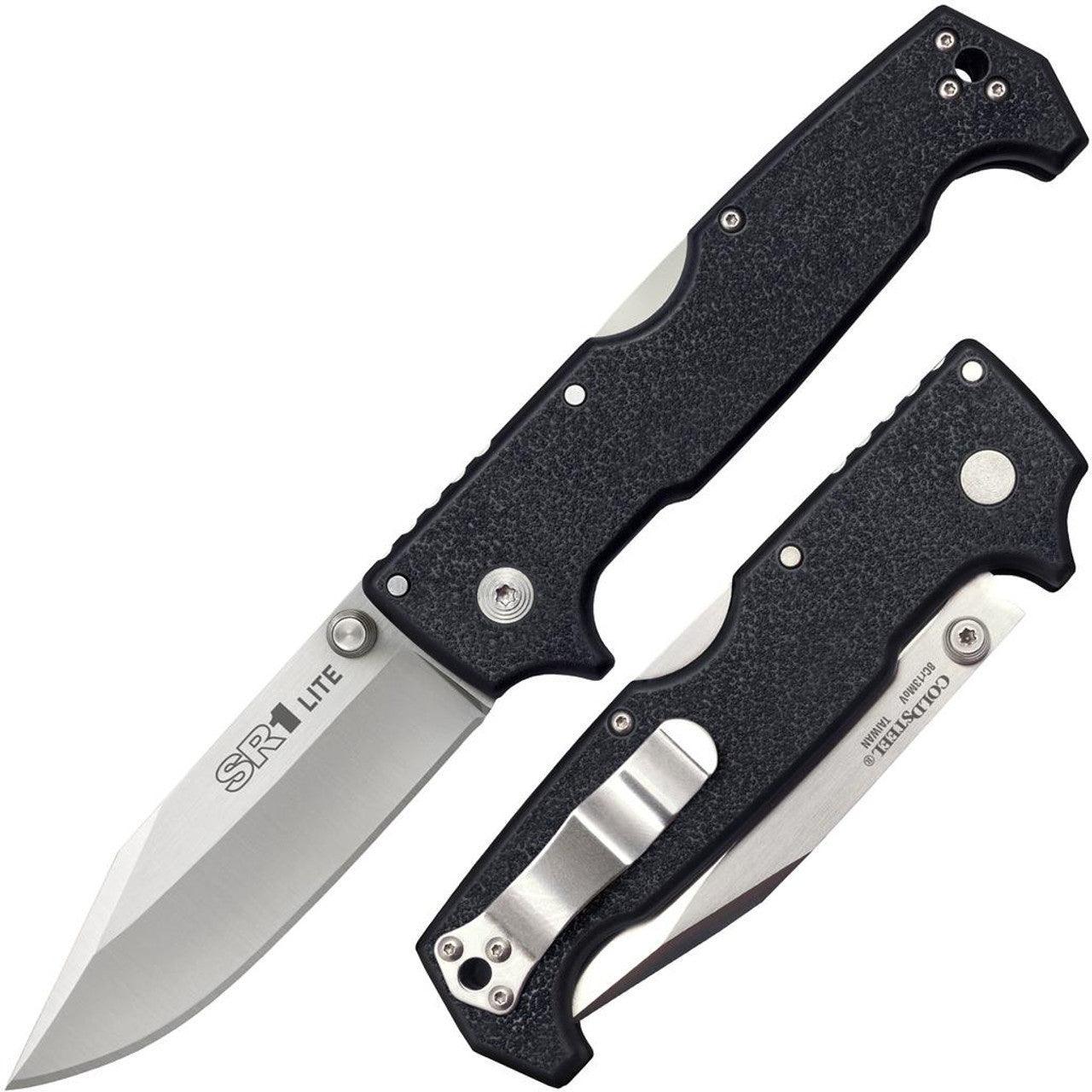 SR1 Lite folding knife with textured black handle and stainless steel blade, outdoor gear