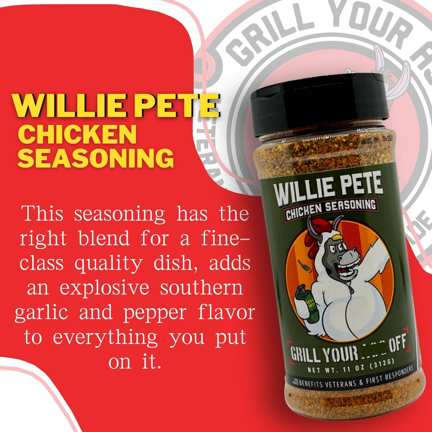 Willie Pete Chicken Seasoning bottle with bold label and cartoon chicken, southern garlic pepper blend.