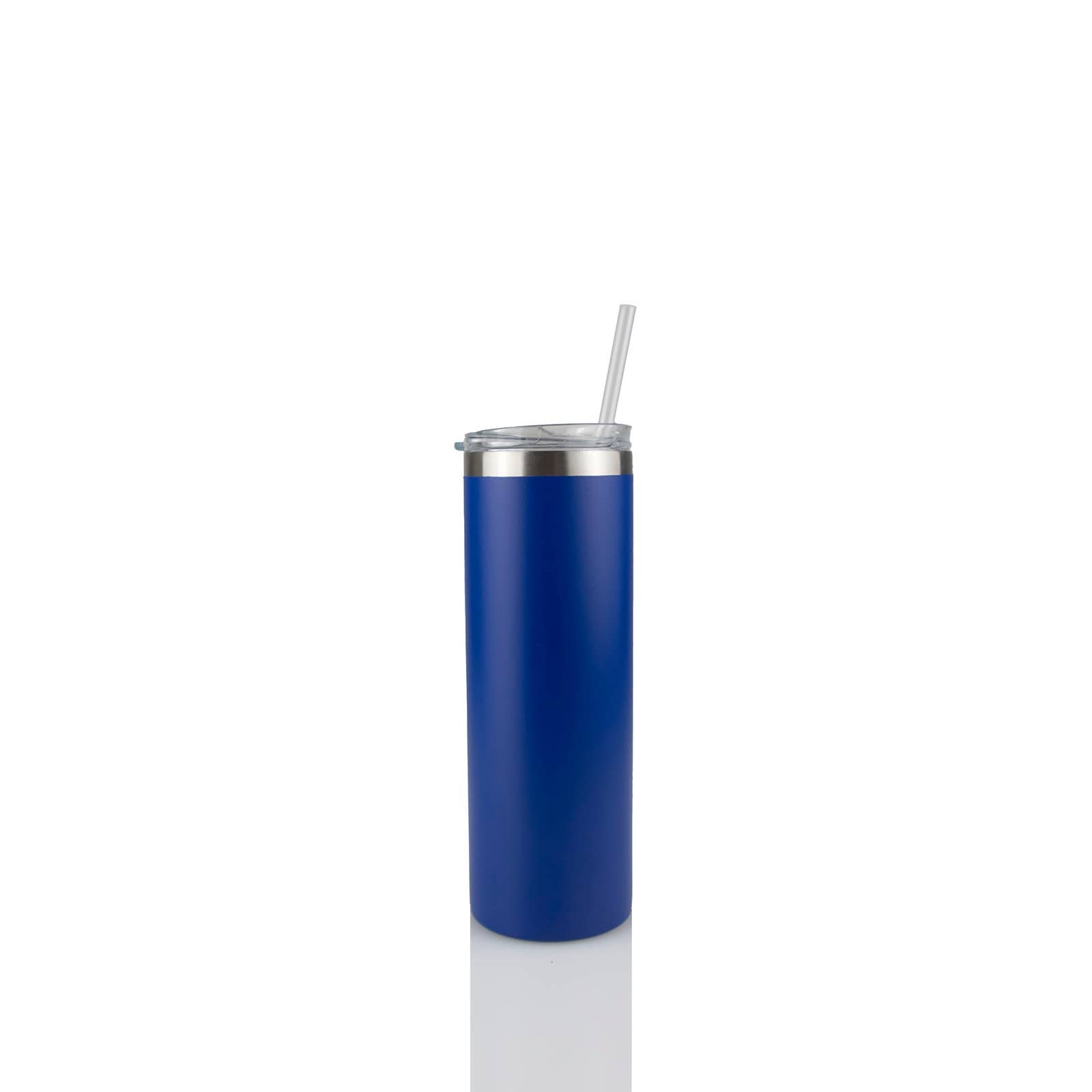 Blue stainless steel insulated tumbler with clear lid and straw, ideal for camping or outdoor use