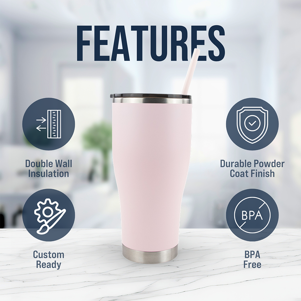 Pink insulated tumbler cup with straw, double wall insulation, powder coat, BPA free features.