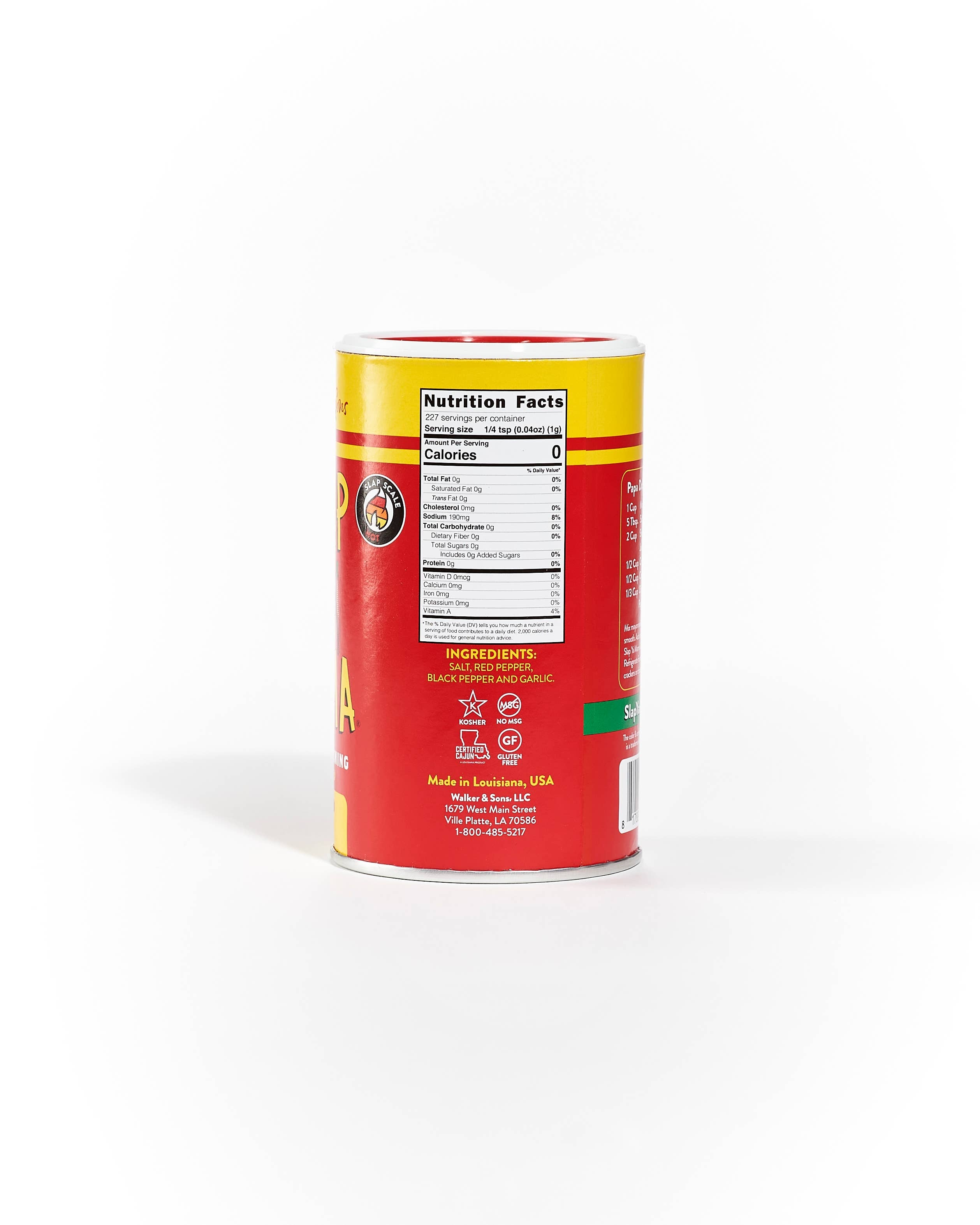 Red spice seasoning can with ingredient and nutrition facts label on white background