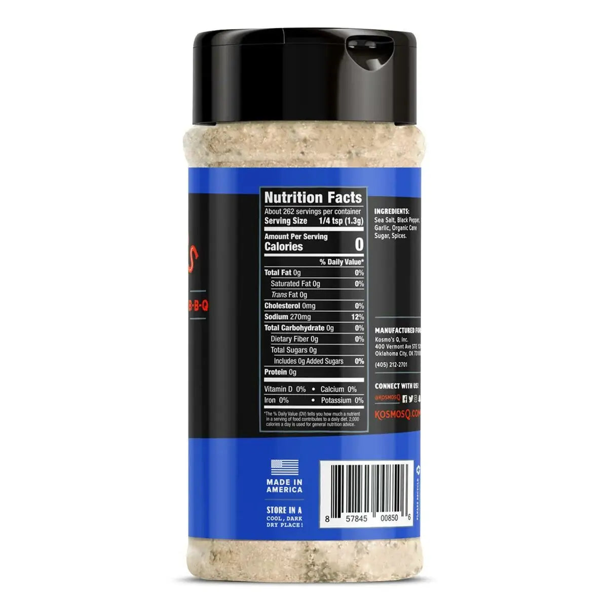 Bottle of seasoning blend with nutrition facts, ingredients, and blue label for outdoor cooking.