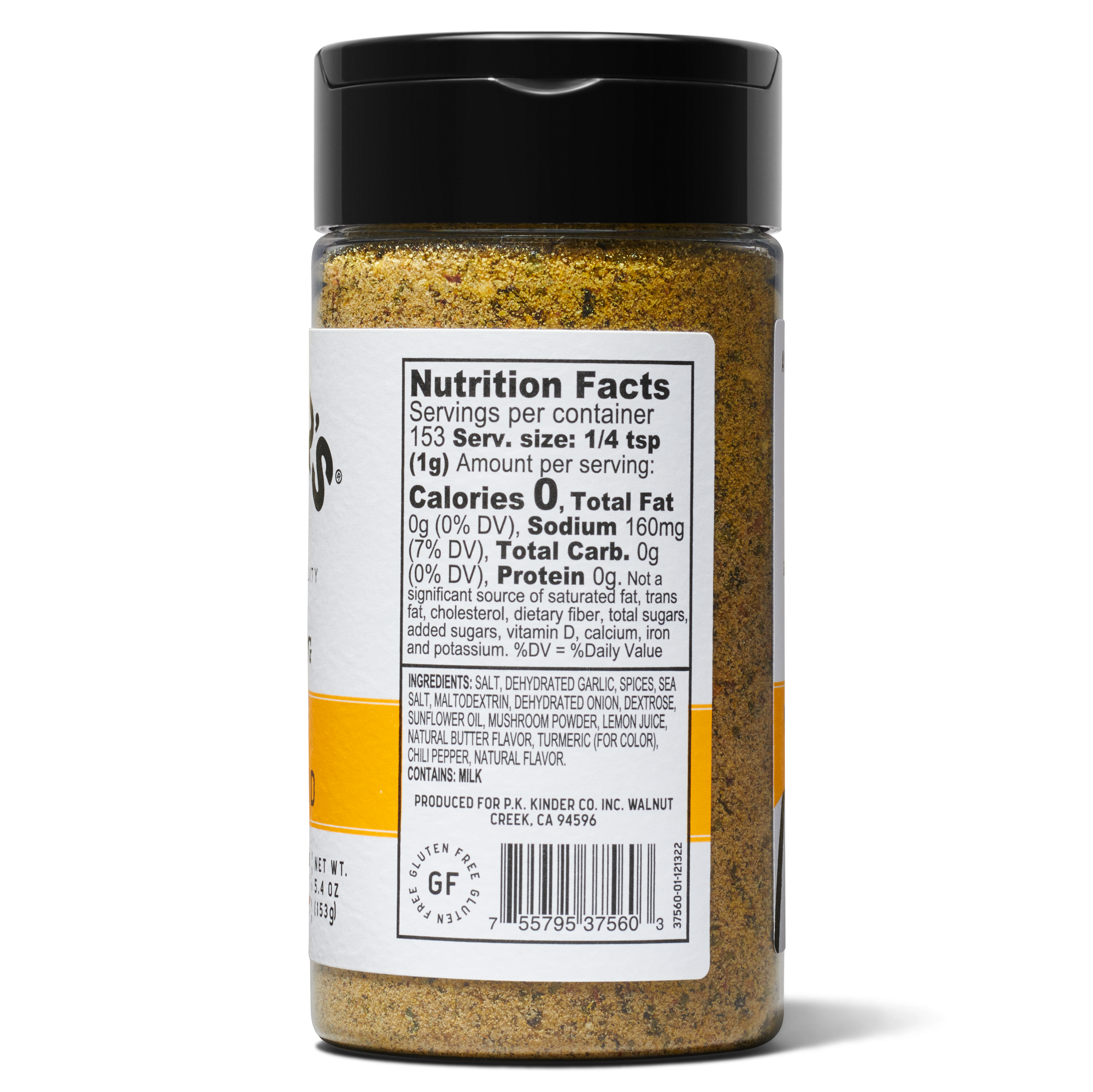 Seasoning spice blend bottle with nutrition facts and ingredient list label