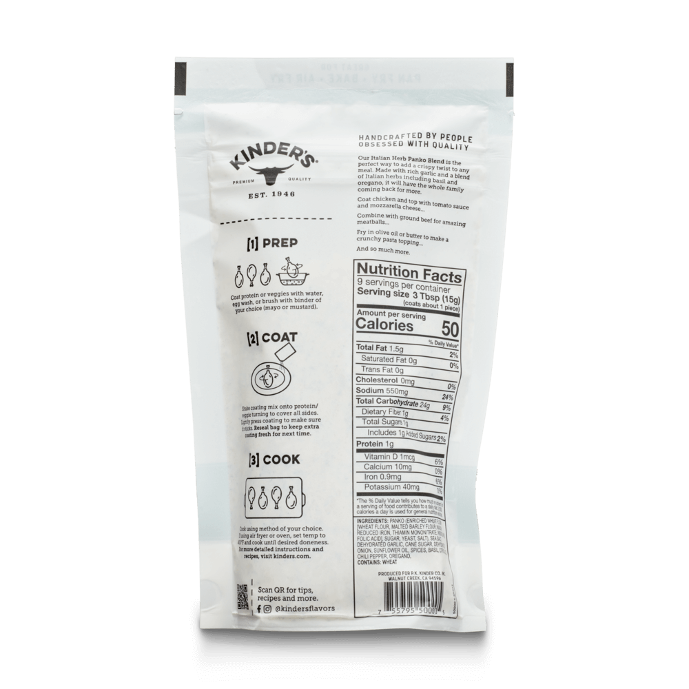 Back of Kinders Italian herb panko blend bag with directions and nutrition facts.