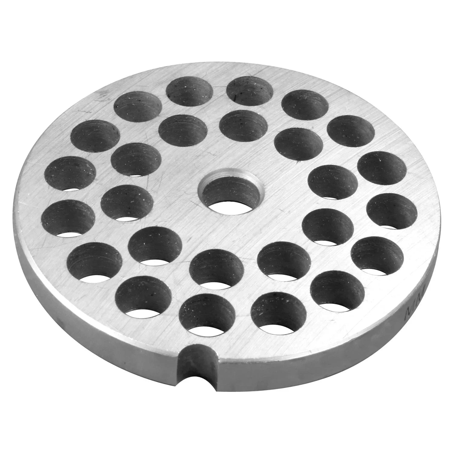 Stainless steel meat grinder plate with round perforations, top view